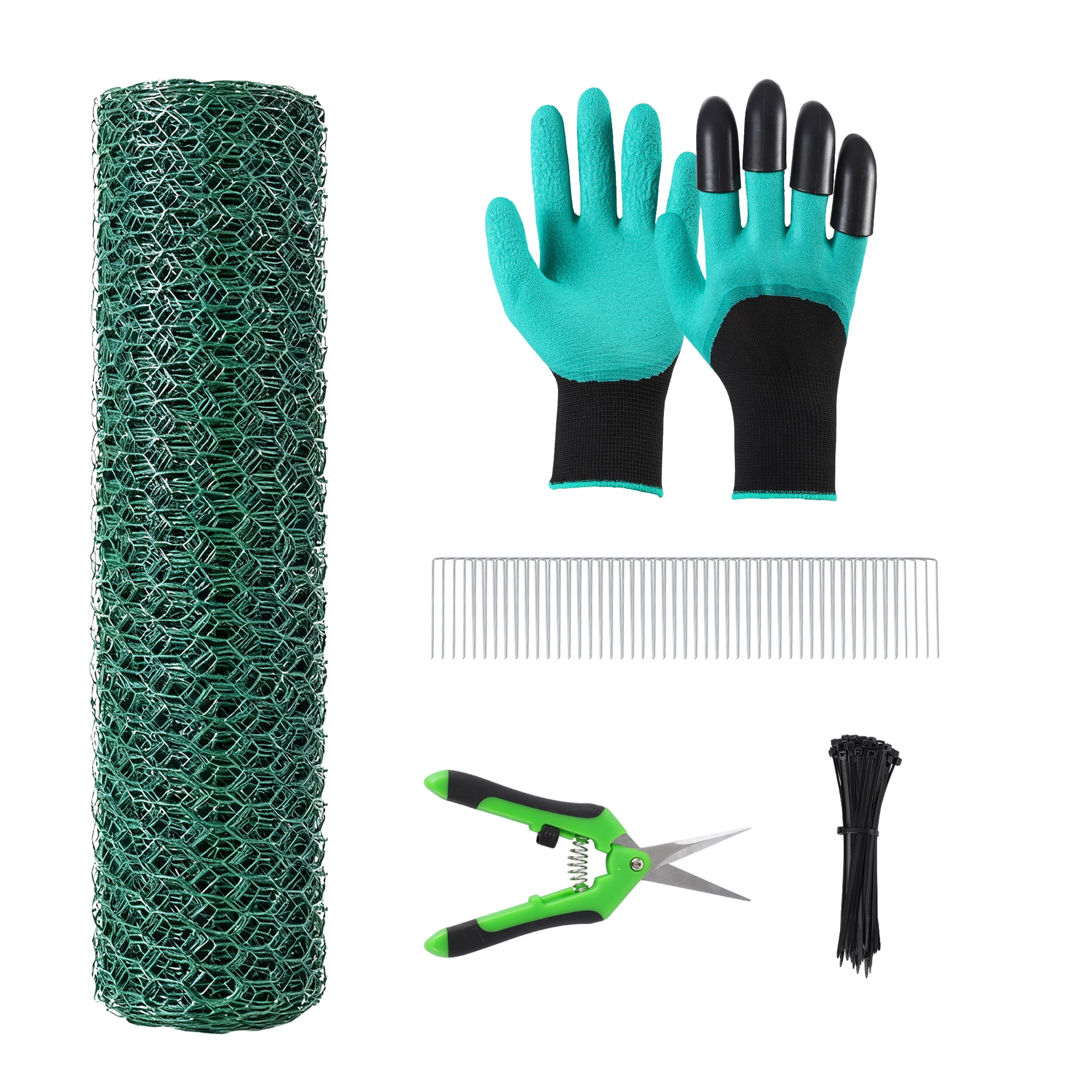 Garden Wire Mesh Kit with Tools, 16 inch Hardware Cloth Roll (33 ft), PVC Coated Metal Fence for Plant Protection, Chicken Wire with Stakes, Zip Ties & Gloves, Dark Green