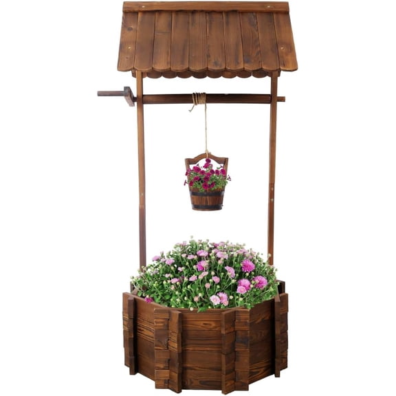 Garden Wishing Well, 20In/25In Outdoor Rustic Wooden Wishing Well Planter with Hanging Bucket for Outside Yard Patio (25 Inch)