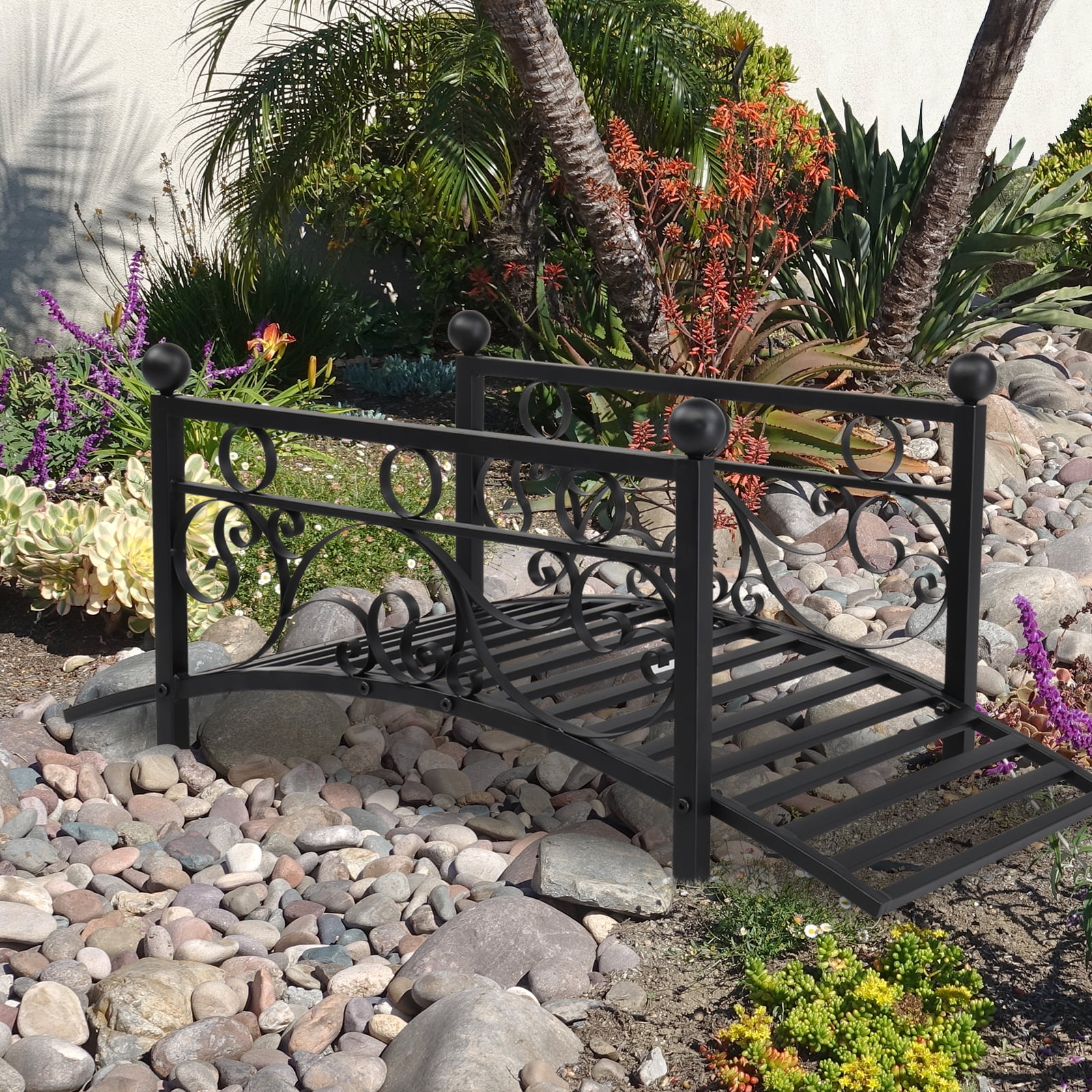 Garden With Round Iron Ball Flat Top Handrail Garden Iron Bridge Black
