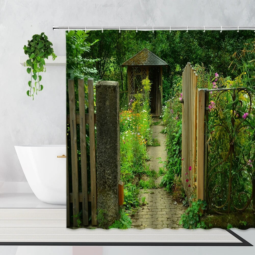 Garden Wooden Door Fence Shower Curtain Retro Pastoral Old Stone Walls ...