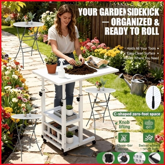Garden Work Table with Adjustable Height, Rolling Potting Bench Cart, Black Top, 3-Tier
