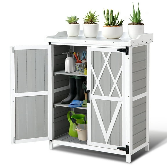 Garden Workstation | Waterproof Storage Cabinet with Galvanized Metal Tabletop & 2 Removable Shelves