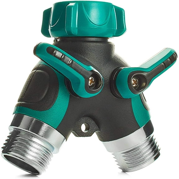 Garden Y Hose Connector Metal Body, Water Faucet Splitter with Comfortable Rubberized Grip, 2 Way Hose Splitter Heavy Duty for Outdoor and Indoor Use Green