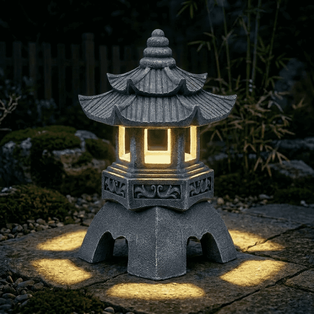 Japanese Solar Pagoda Lantern Garden Statue Outdoor Zen Decor Light