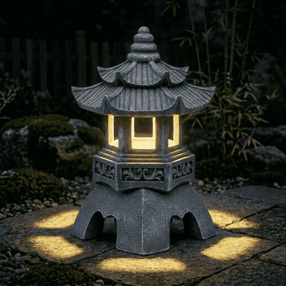 Japanese Solar Pagoda Lantern Garden Statue Outdoor Zen Decor Light