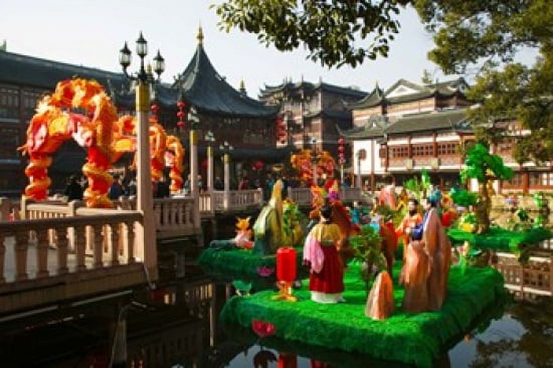 Garden decorations by Mid-Lake Pavilion Teahouse Yu Yuan Gardens Shanghai China Canvas Art - Panoramic Images (36 x 24)