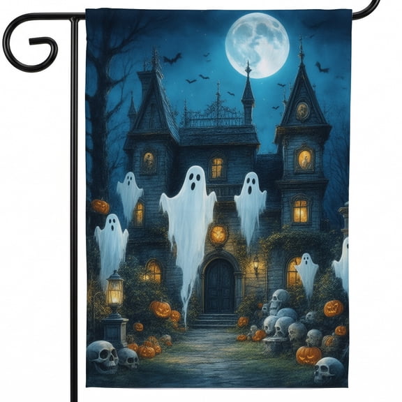 Garden flag halloween halloween house flags 28 x 40 double sided A painting of a haunted house with ghosts and pumpkins. - flag for outside house flag decor