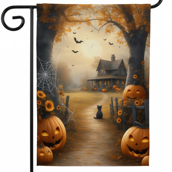 Garden flag halloween large garden flags A black cat sitting on a path in front of a house surrounded by pumpkins. - lawn flags halloween decor for yard