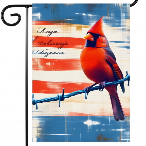 Garden flag patriotic A red bird sitting on top of a barbed wire. 28x40 Double Sided Big 4th of July Flags for Outdoor Fourth of July Decorations