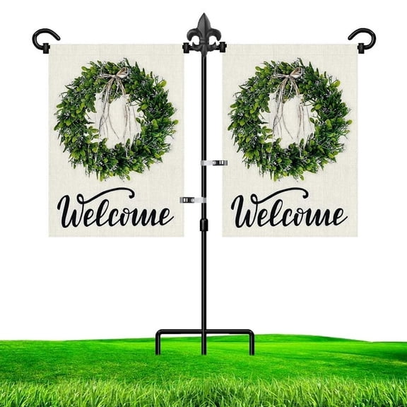 Garden Flag Stand Holder for Double Flags 37H x 30W Inches Black Wrought Iron Dual