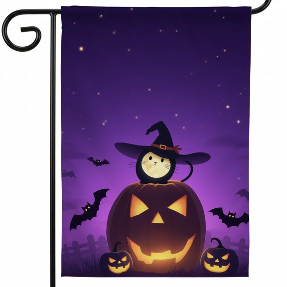 Garden flags halloween 28x40 flags for outside A cat in a witch hat sitting on top of a pumpkin. X garden flags front porch decor halloween