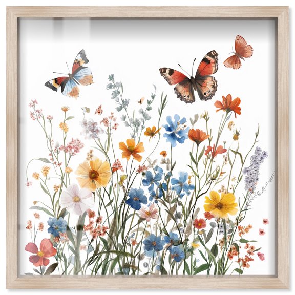 Garden of Fluttering Shadowbox Print Floral Wall Decor by Art Remedy, Blonde Frame, 40 x 40