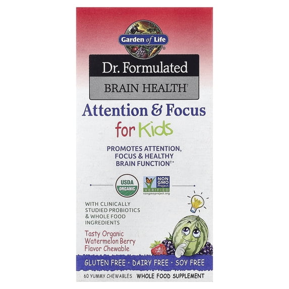 Garden of Life Dr. Formulated Brain Health, Attention & Focus for Kids, Organic Watermelon Berry, 60 Yummy Chewables
