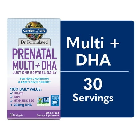 Garden of Life Dr. Formulated Prenatal Pregnancy Women's Multivitamins + DHA with Folate & Iron for Mom's Nutrition & Baby's Development, 30 Count