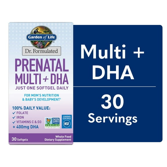 Garden of Life Dr. Formulated Prenatal Pregnancy Womens Multivitamins + DHA with Folate & Iron for Mom's Nutrition & Baby's Development, 30 Count