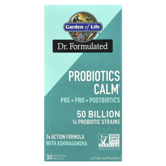 Garden of Life Dr Formulated Calm Daily 3-in-1 Complete Probiotics, Prebiotics & Postbiotics with Ashwagandha - PRE + PRO + POSTBIOTIC Supplement for Immune, Digestive & Mood Support - 30 Day Supply