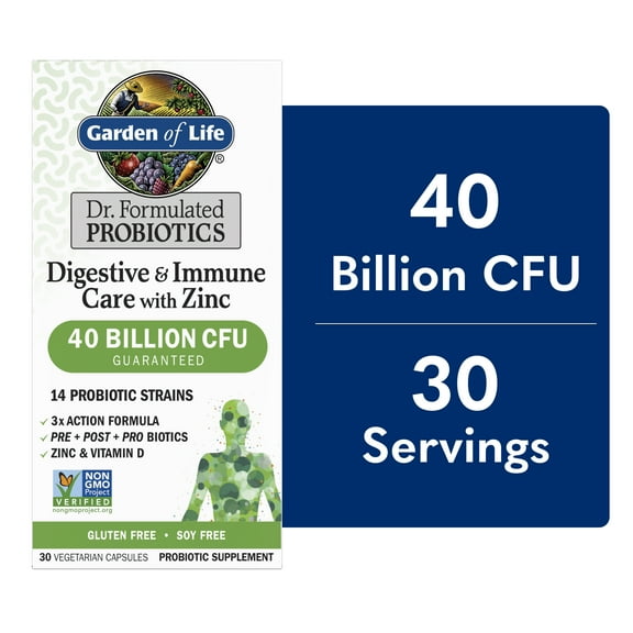 Garden of Life Dr. Formulated Digestive & Immune Care Probiotic Capsules with Zinc and Vitamin D, 40 Billion CFU, 30ct Capsules