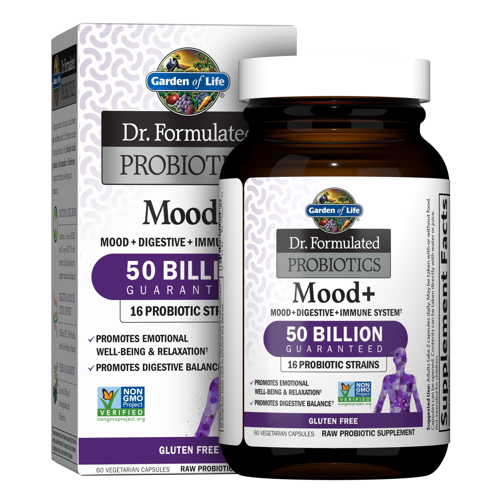 Garden of Life Dr. Formulated Probiotics Mood+ Acidophilus Probiotic Supplement - Promotes Relaxation and Digestive Balance - Ashwagandha for Stress Management - 60 Vegeterian Capsules