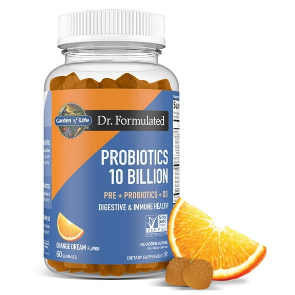 Garden of Life Dr Formulated 10 Billion CFU Prebiotic Fiber & Probiotic Gummies with Vitamin D3 for Digestive and Immune Health  Gluten Free, Non GMO, No Added Sugar, Orange Dream Flavor, 60 Gummies