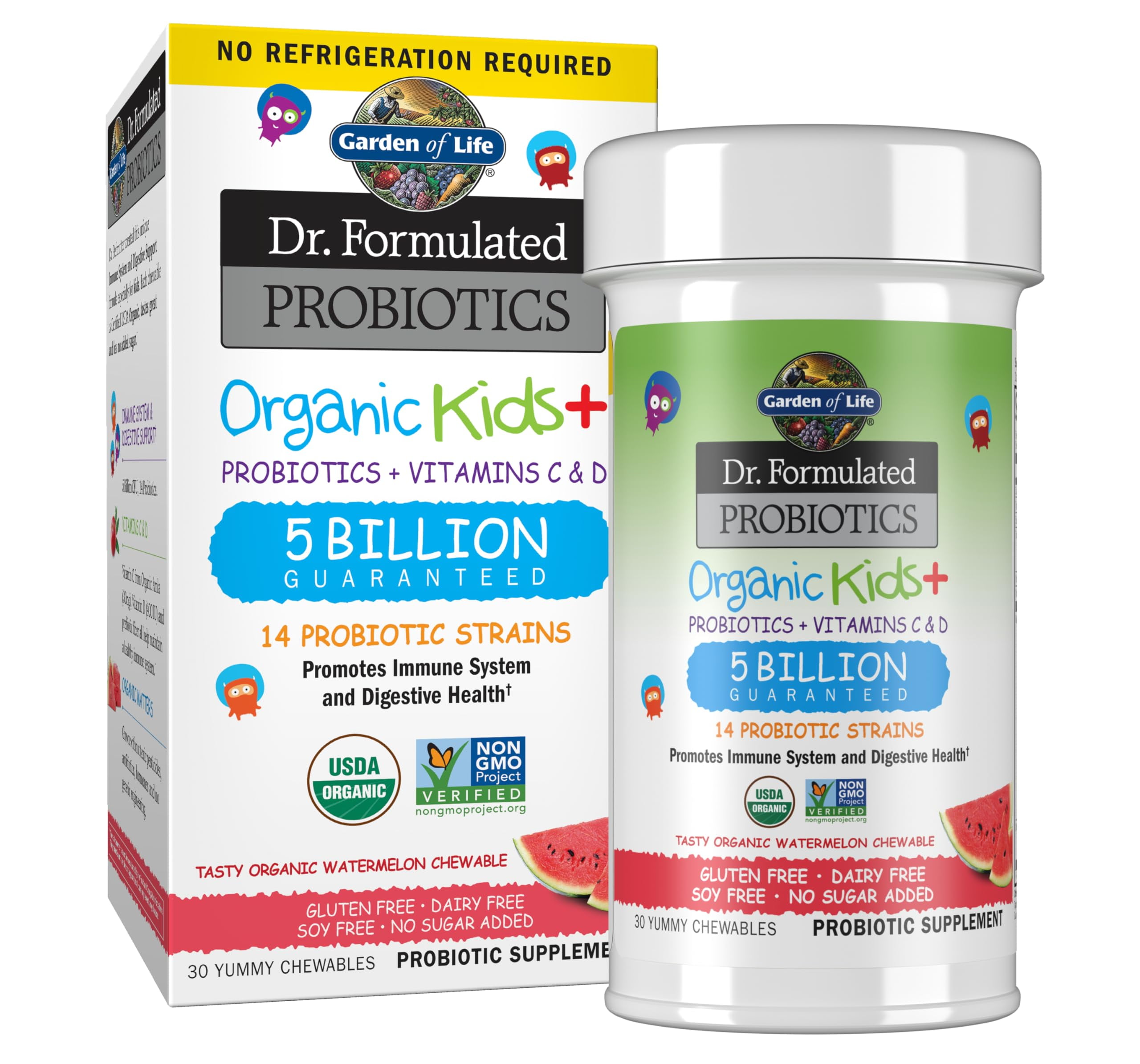 Garden of Life Dr. Formulated Probiotics Organic Kids+, with Vitamins C & D, Watermelon, 30 Chewables