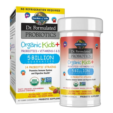 Garden of Life Dr. Formulated Probiotics Organic Kids+, with Vitamins C & D, Strawberry Banana, 30 Chewables