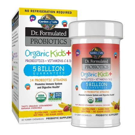 Garden of Life Dr. Formulated Probiotics Organic Kids+, with Vitamins C & D, Strawberry Banana, 30 Chewables