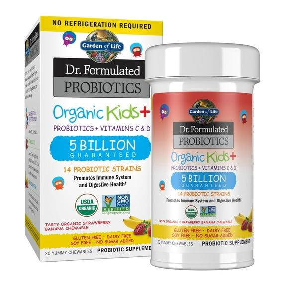 Garden of Life Dr. Formulated Probiotics Organic Kids+, with Vitamins C & D, Strawberry Banana, 30 Chewables