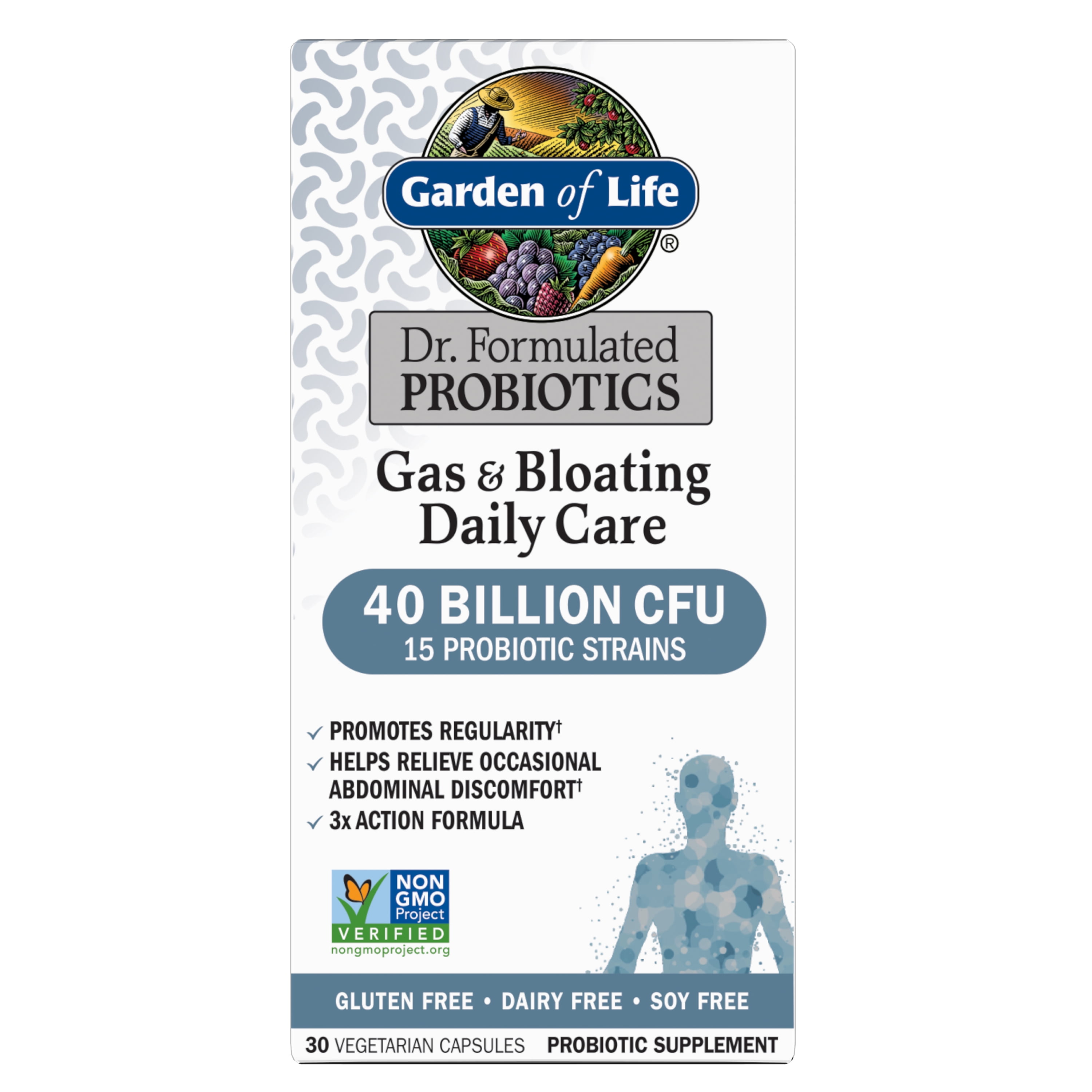 Garden of Life Dr. Formulated Gas & Bloating Relief Probiotic Capsules, 40 Billion CFU - 15 Probiotic Strains, Triple Action Formula, 30ct