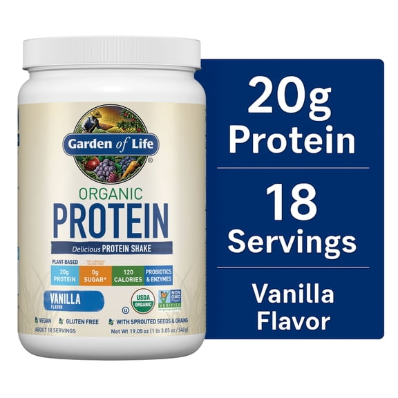 Garden of Life Organic Plant-Based Protein Powder, Vanilla, 20g Protein Shake Drink, Vegan, Probiotics, Digestive Enzymes, 19.05oz