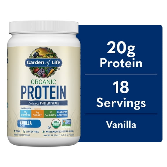 Garden of Life Organic Plant-Based Protein Powder, Vanilla, 20g Protein Shake Drink, Vegan, Probiotics, Digestive Enzymes, 19.05oz