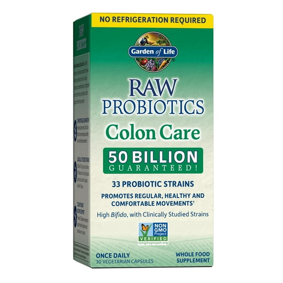 Garden of Life RAW Probiotics Colon Care Shelf Stable - 50 Billion CFU Guaranteed Through Expiration - Once Daily - Certified Non-GMO & Gluten Free - No Refrigeration, 30 Vegetarian Capsules