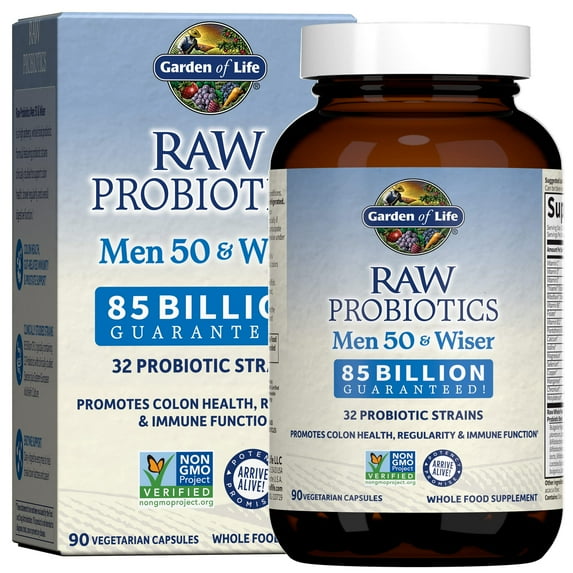 Garden of Life Raw Probiotics for Men Over 50 - Men 50 & Wiser Probiotic with Acidophilus and Bifidobacteria Probiotic-Created Vitamins, Enzymes, and Prebiotics, Gluten Free - 90 Vegetarian Capsules