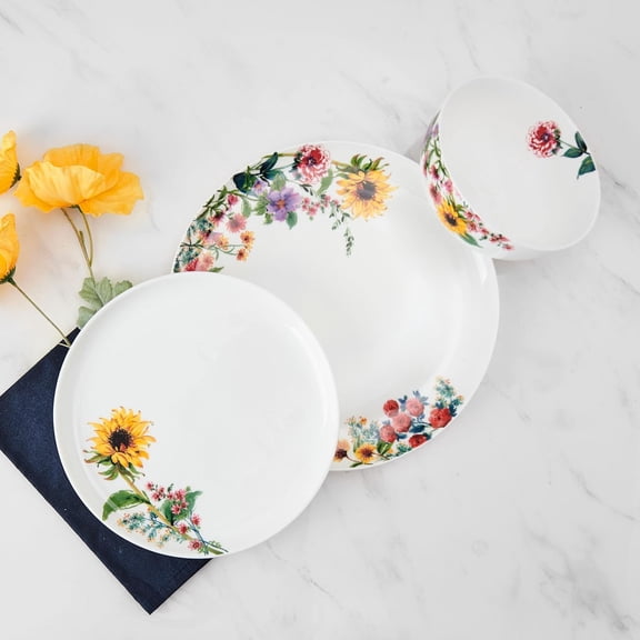 Garden of Petals Bone China Lightweight Chip Resistant 12 Piece Dinnerware Set, Service for 4, White