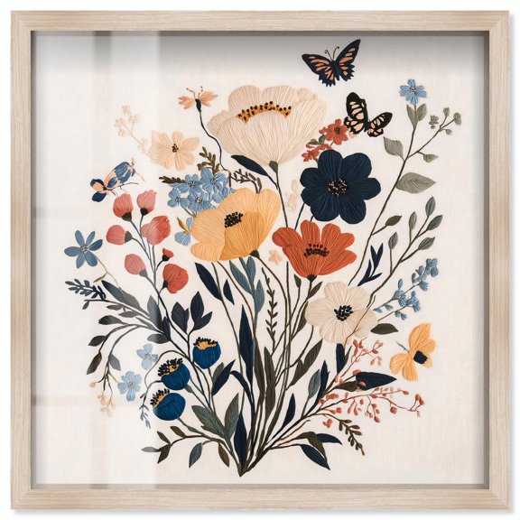 Garden of Threads I Shadowbox Print Floral Wall Decor by Art Remedy, Blonde Frame, 24 x 24