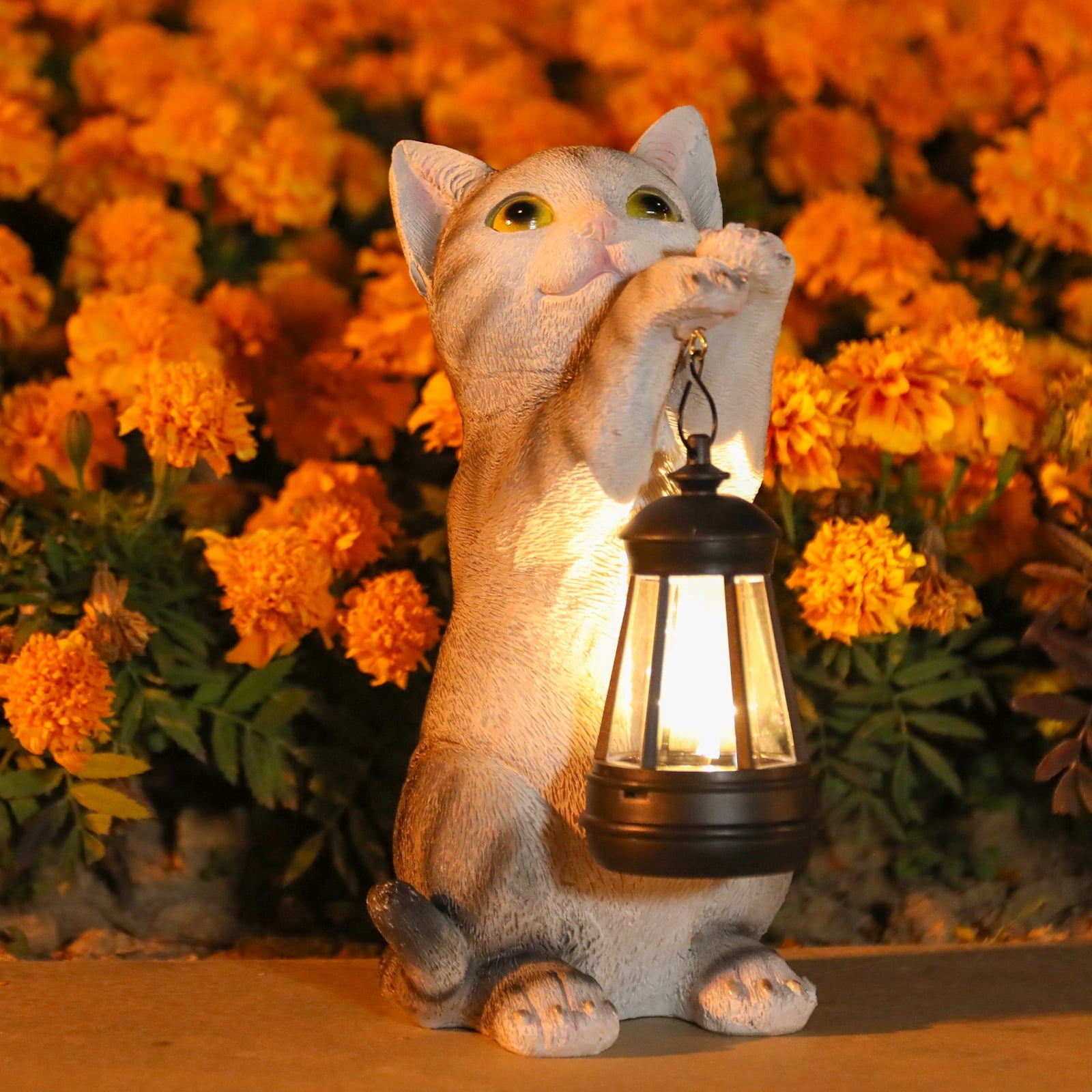 Solar Garden Outdoor Statues Cat with Solar Lantern,Outdoor Cat Figurines Decorations,Lawn Decor Rabbit Statue for Patio, Balcony, Yard Ornament,Unique Housewarming and Birthdays Gifts for Mom Women