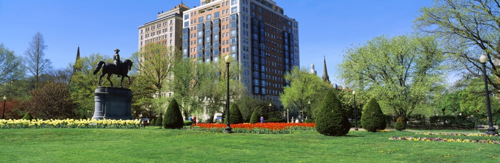 Garden with a building in the background Boston Public Garden Boston Massachusetts USA Canvas Art - Panoramic Images (36 x 12)