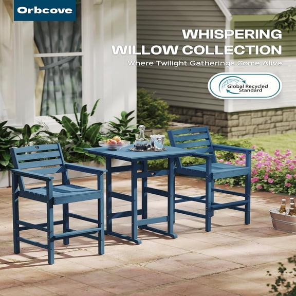 2-Piece HDPE Bar Height Patio Set, Adirondack Bar Stools, All Weather Waterproof Outdoor Furniture for Poolside Deck Balcony Backyard Garden , Navy Blue