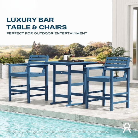 2-Piece HDPE Bar Height Adirondack Bar Stools Set, All Weather UV Waterproof Outdoor Bistro Patio Furniture for Poolside Deck Balcony Backyard Garden, Navy Blue