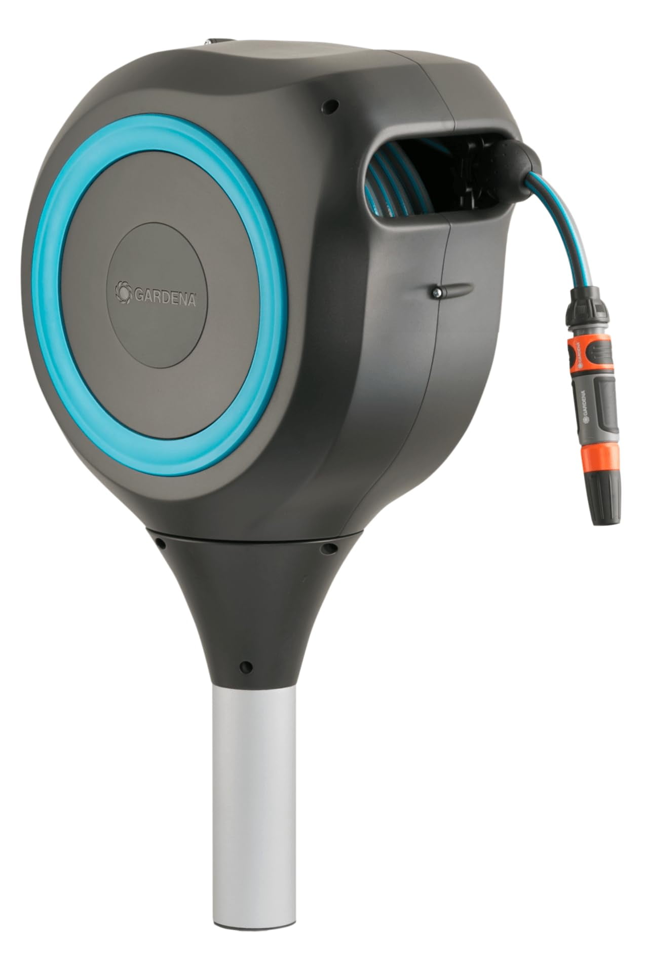 Gardena (18614-80) 66' Ft Automatic Retractable Garden Hose Reel on Metal Spike, 66' Outside Garden Hose Length, with 360° Rotation to Reach All Areas of Your Yard