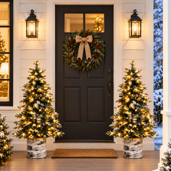 Gardenbee 2-Pack 4.5ft Pre-Lit Artificial Potted Christmas Tree with LED Lights Pine Cones for Front Porch Entryway Indoor Outdoor Decor