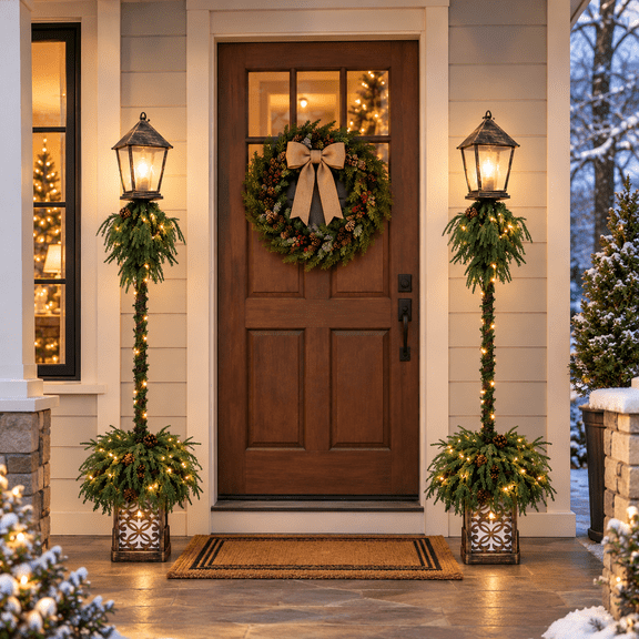 Gardenbee 2-Pack 5ft Pre-Lit Artificial Christmas Lamp Post with Warm White LED Lights PE Pine Branches for Porch & Pathway Decor