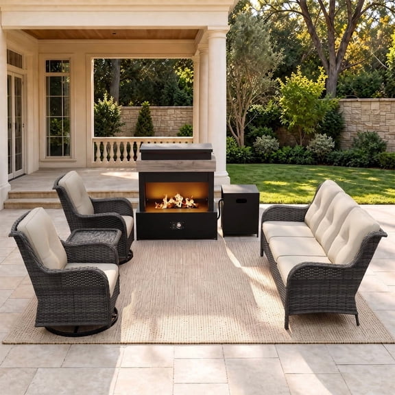 Gardenbee 5 Pieces Wicker Outdoor Patio Furniture Set with Sofa Swivel Chairs Fireplace and Side Table for Patios Backyards Gardens,Beige