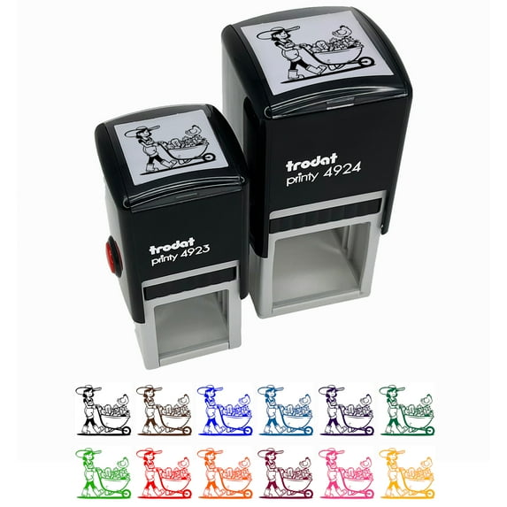 Gardener Farmer Girl with Wheelbarrow of Fruits Vegetables Chicken Self-Inking Rubber Stamp Ink Stamper - Blue Ink - Small 1 Inch