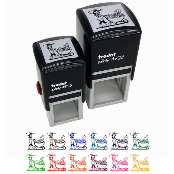 Gardener Farmer Girl with Wheelbarrow of Fruits Vegetables Chicken Self-Inking Rubber Stamp Ink Stamper - Blue Ink - Small 1 Inch