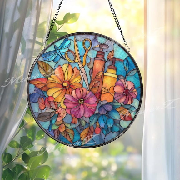 Gardener Glass Suncatcher, Floral Gardening Tools Window Hanging, Garden Lover, 3.5 in