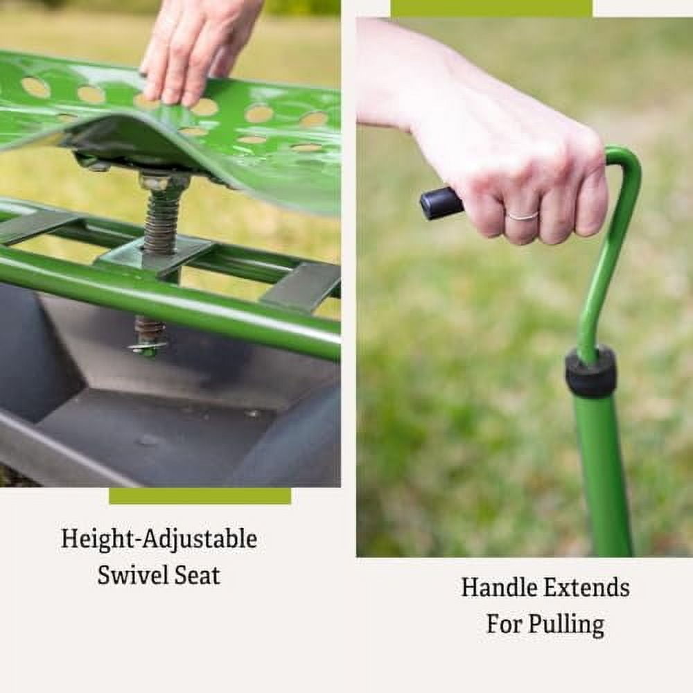 Gardener's Supply Company Deluxe Tractor Scoot with Bucket Basket Holder | Heavy Duty Garden Cart with Wheels, Adjustable Steering, Handle \u0026 Swivel Seat - Green