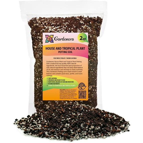 Gardenera House Plant and Tropical Plant Potting Soil - Re-Potting Soil for All Types of Indoor House Plants - 2 Quart Bag