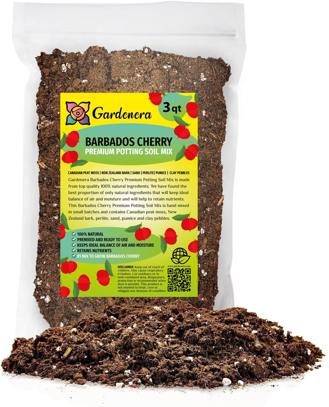 🌿 Gardenera Labs Barbados Cherry Plant Potting Mix - Proven Formula for Thriving Cherry Plants - Enhances Fruiting Potential and Vigorous Growth - 3 QUART