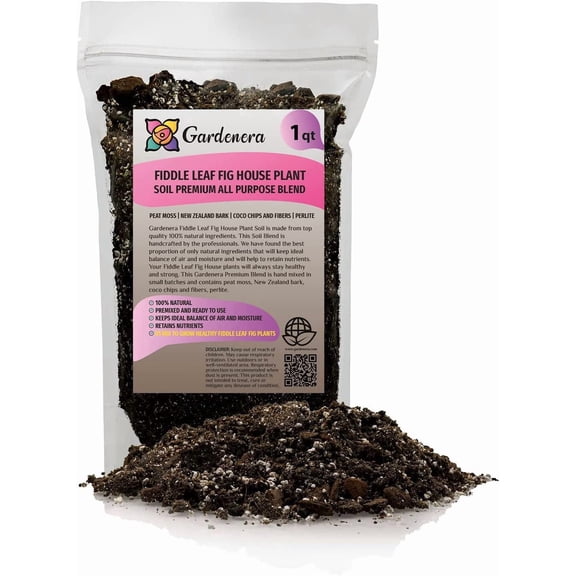 Gardenera Labs Fiddle Leaf Fig House Plant Soil Premium All Purpose Blend - Peat Moss, New Zealand Bark, Coco Chips and Fibers, Perlite - 1 Quart Bag