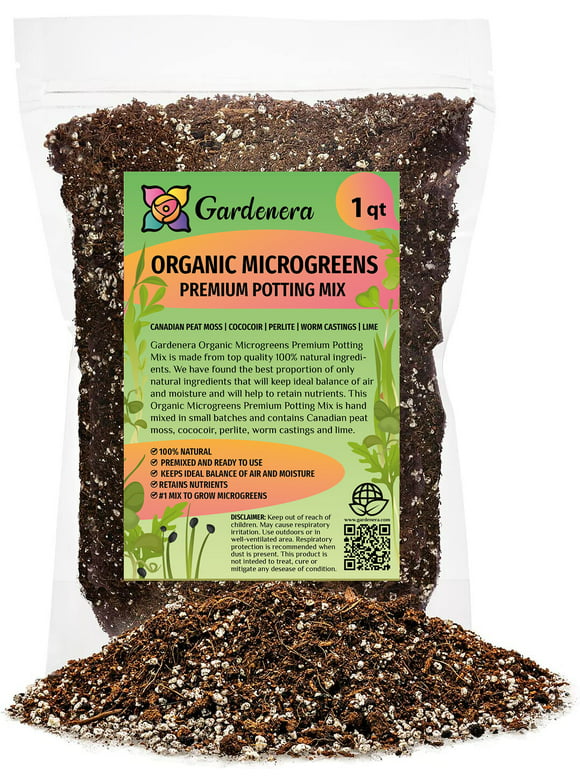 🌱 Gardenera Organic Microgreens Potting Mix: Hand-Mixed with Care Using Top-Grade Canadian Peat Moss, Cococoir, Perlite, Warm Castings, and Lime - 1 QUART